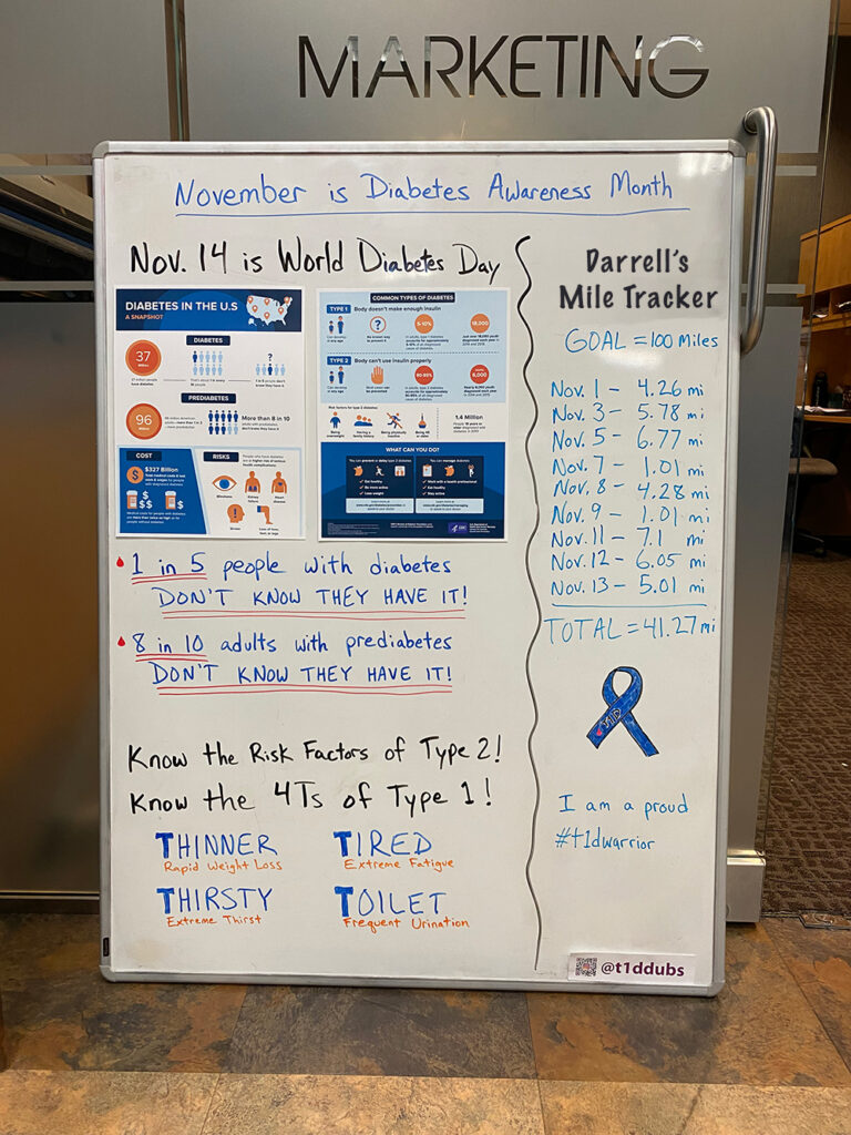 Darrell's "whiteboard of wisdom" outside his office at HealthQuest showing stats and info about diabetes